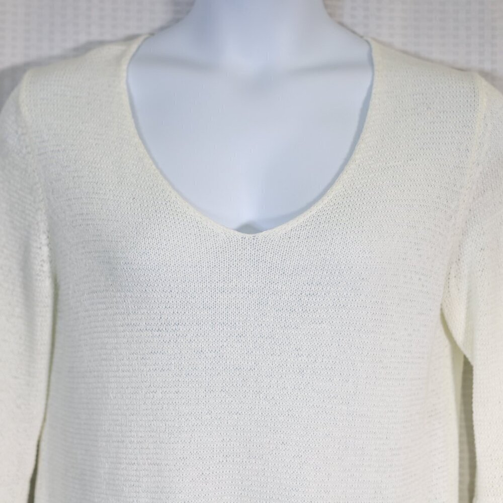 Ann Taylor Loft Size L White Knit Summer Sweater Bell Sleeve, V-neck Cotton - Picture 2 of 10